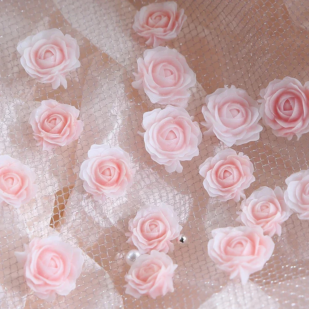 30pcs Pink Rose Flower, 3D Nail Charms, Nail Art Decal, Pearl Beads, Rhinestones Nail Decor for Spring & Valentine