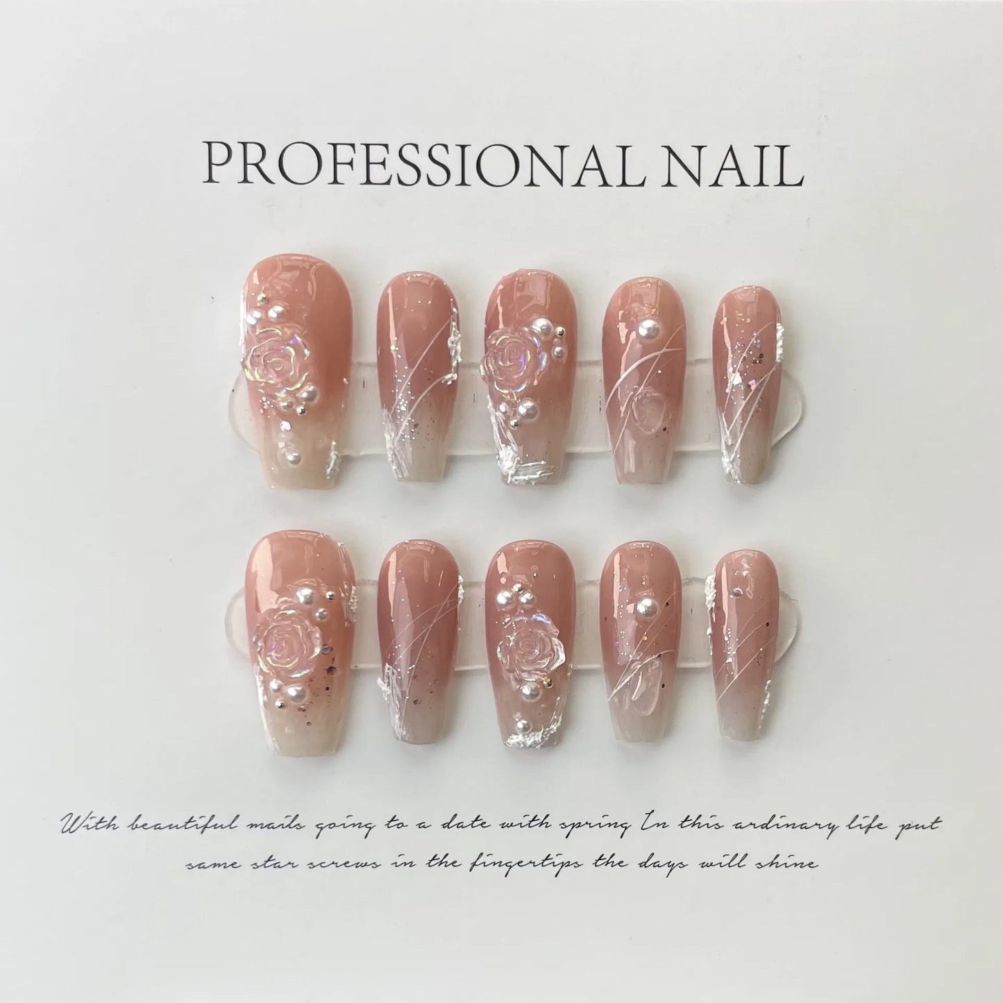 10pcs Handmade Press on Nails Long Ballet Fake Nails w/3D Rhinestones & Decorations