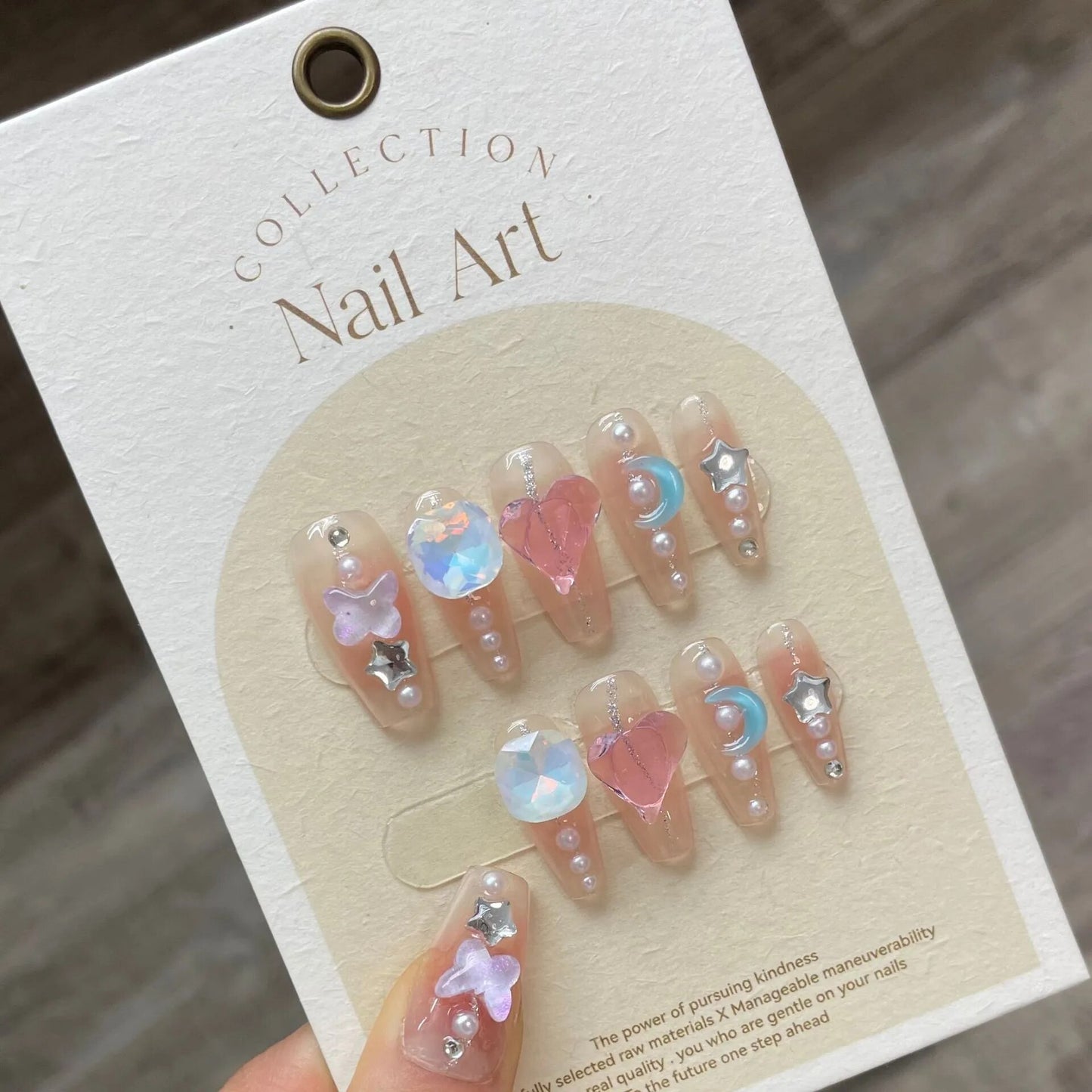 10pcs Handmade Press on Nails Long Ballet Fake Nails w/3D Rhinestones & Decorations